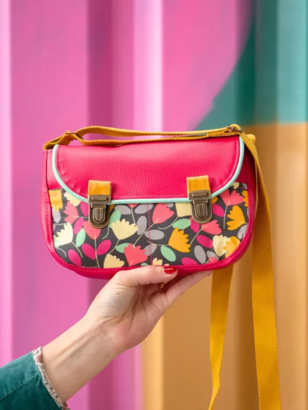 Sac à main femme fait main simili cuir rose tissu imprimé fleurs mutlicolores moutarde