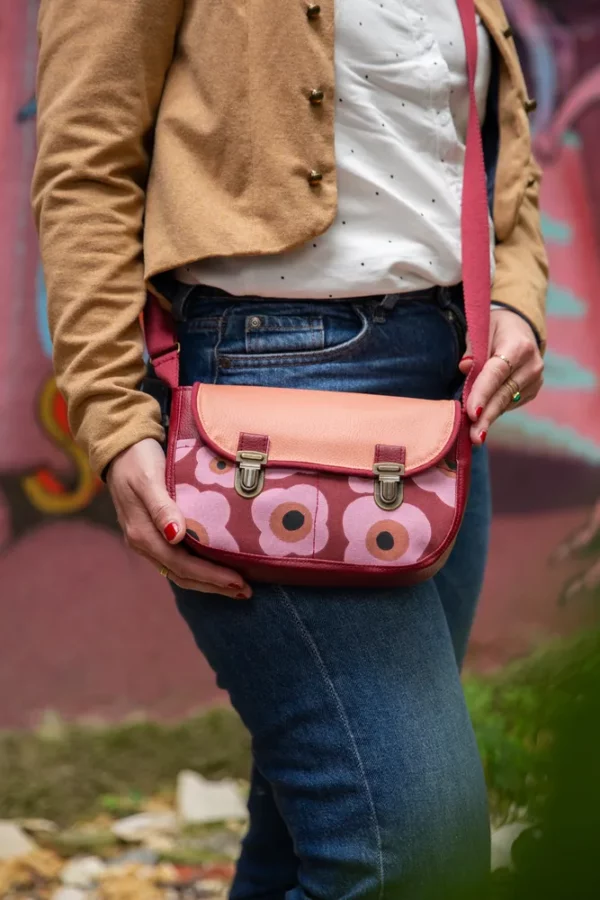 Sac à maoin femme fait main simili cuir rose et bordeaux tissu imprimé vintage Paulette