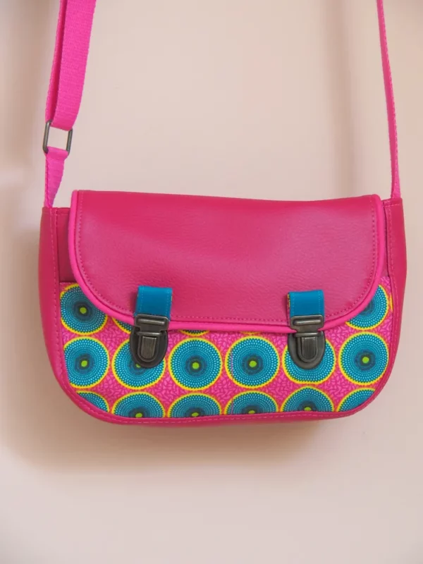Sac à main femme bandoulière réglable cousu main en Bretagne rose cercles turquoises