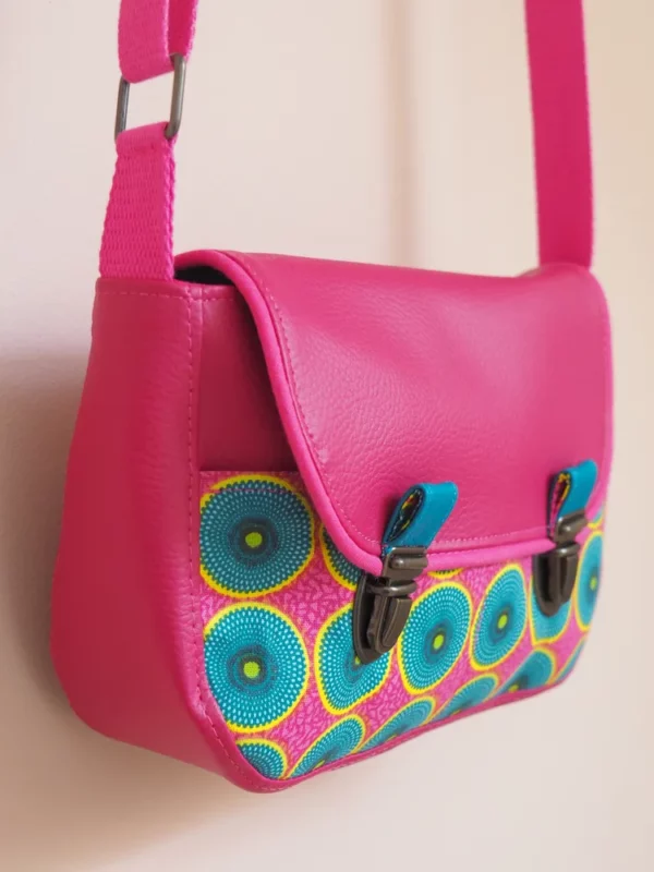 Sac à main femme petit format simili cuir rose tissu imprimé turquoise cercles profil