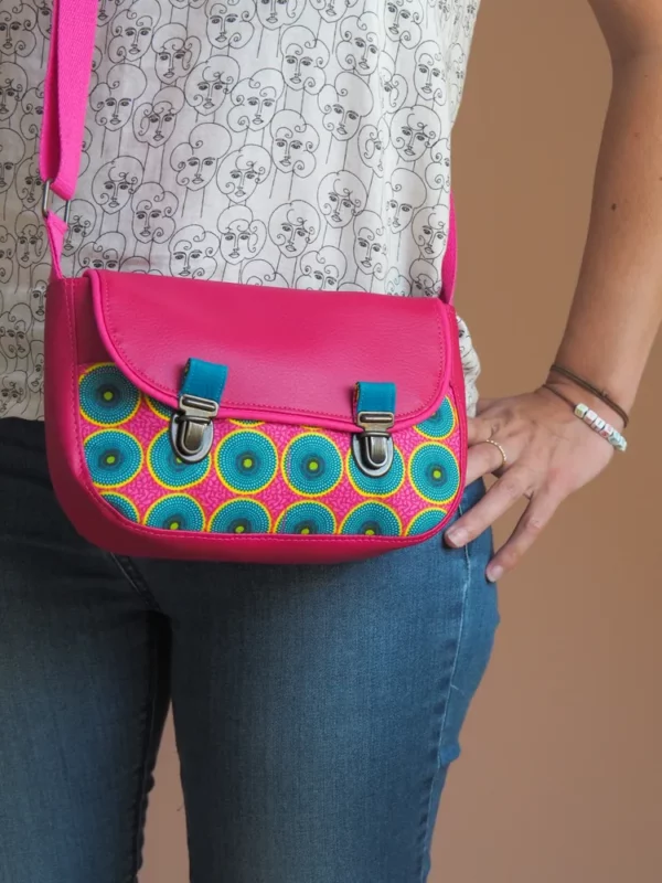 Sac à main femme bandoulière simili cuir rose tissu imprimé turquoise cercles fait main en France