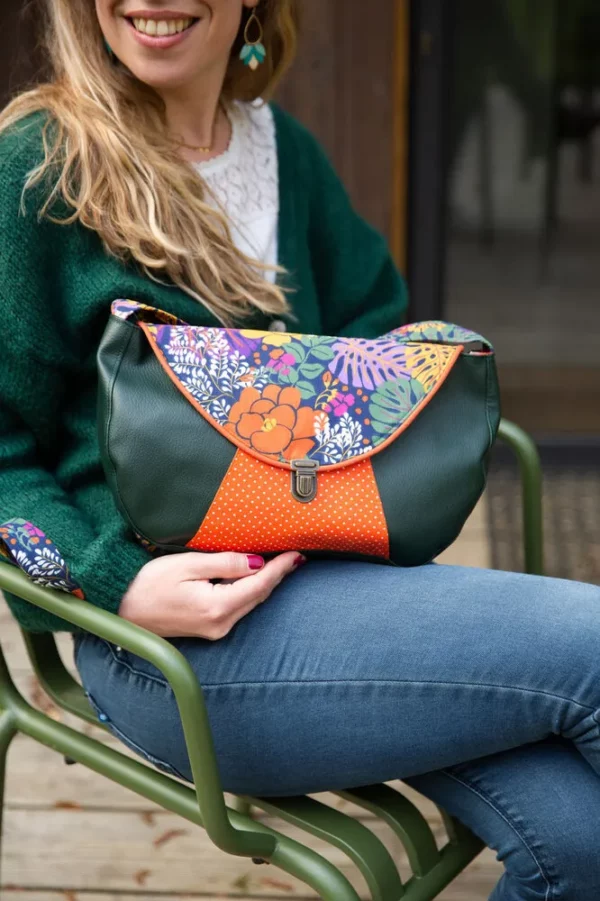Sac à main femme besace coloré cousu main Camille vert orange pois fleurs