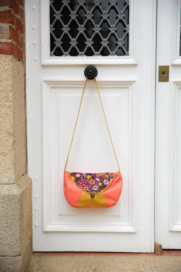 Sac à main femme besace cousu main simili cuir corail tissu imprimé fleurs pois moutarde Frida