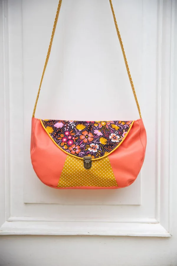 Sac besace fait main simili cuir corail tissu imprimé fleurs moutarde pois Frida