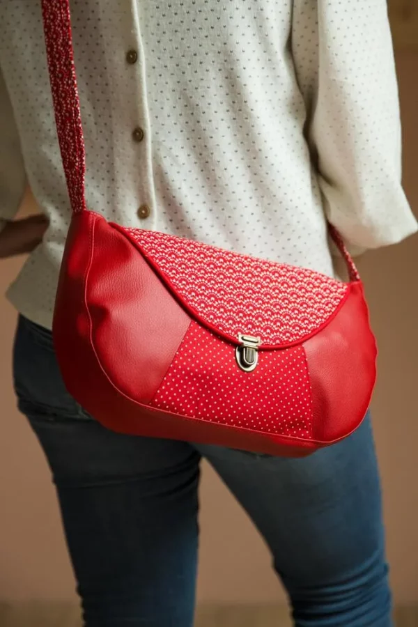 Sac à main femme bandoulière besace simili cuir rouge tissu imprimé Aloïse