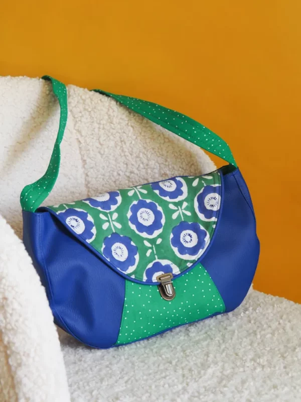 Sac à main femme besace bleu et vert fait main en France bi matières Léna