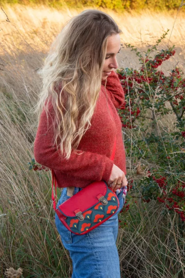 Sac à main femme cousu main en France simili cuir rouge tissu imprimé rétro Clotilde
