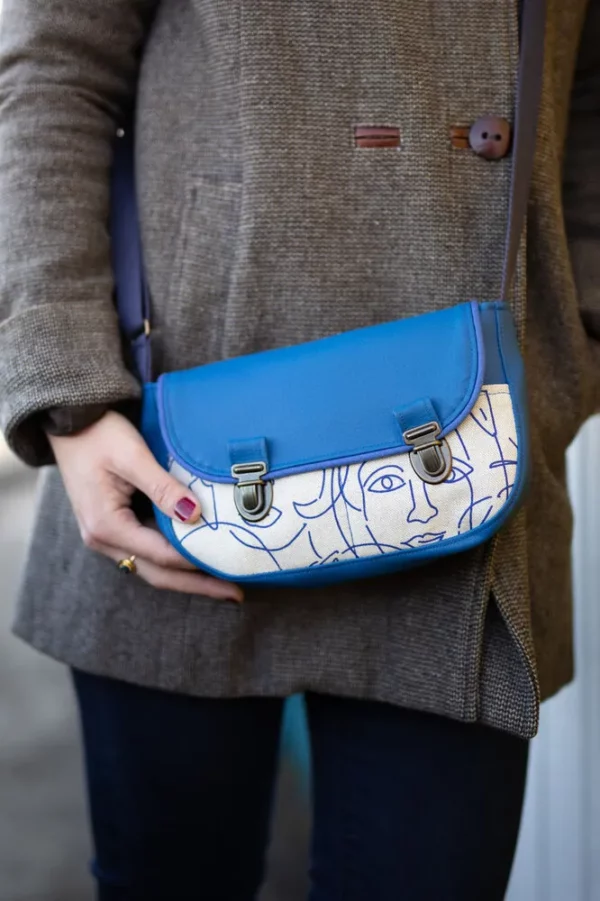 Sac à main femme fait main simili cuir bleu tissu imprimé visages Picassa
