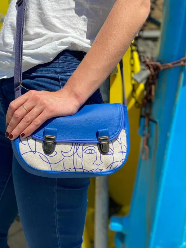 Sac femme coloré bleu simili cuir et tissu imprimé visages one line Picassa