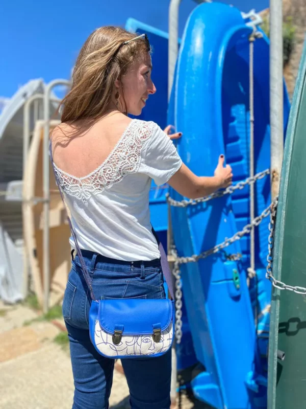 Sac l'essentiel Picassa attache cartable rétro simili cuir bleu tissu imprimé visages