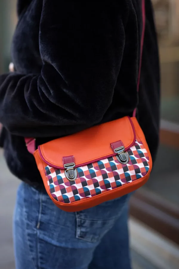 Sac à main femme coloré fait main simili cuir rouille tissu imprimé vintage Clémentine