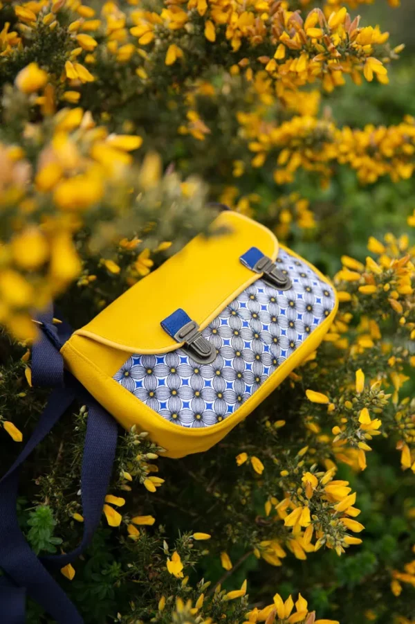 Sac à main femme fait main attache cartable rétro simili cuir jaune tissu imprimé bleu Sunny