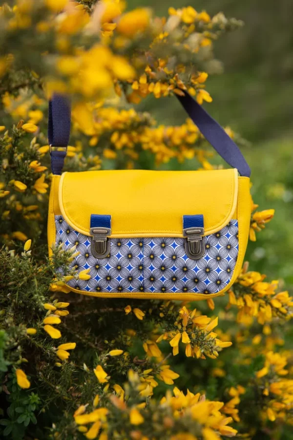 Sac à main femme fait main simili cuir jaune tissu imprimé bleu Sunny