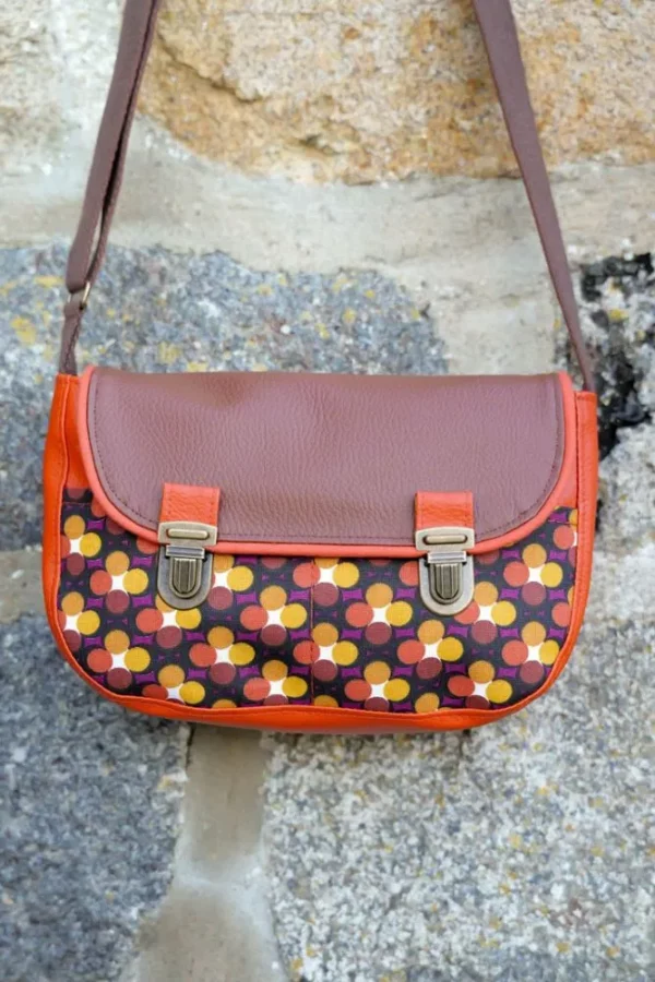 Sac à main femme fait main attache cartable rétro simili cuir rouille et marron tissu imprimé rouille rétro ronds