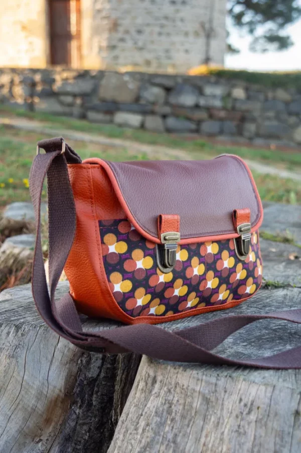 Sac à main petit format simili cuir rouille marron tissu imprimé rétro ronds