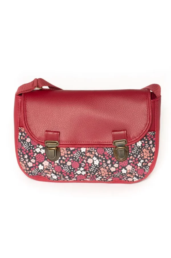 Sac l'essentiel fait main attache cartable rétro simili cuir rouge bordeaux imprimé fleurs Julie