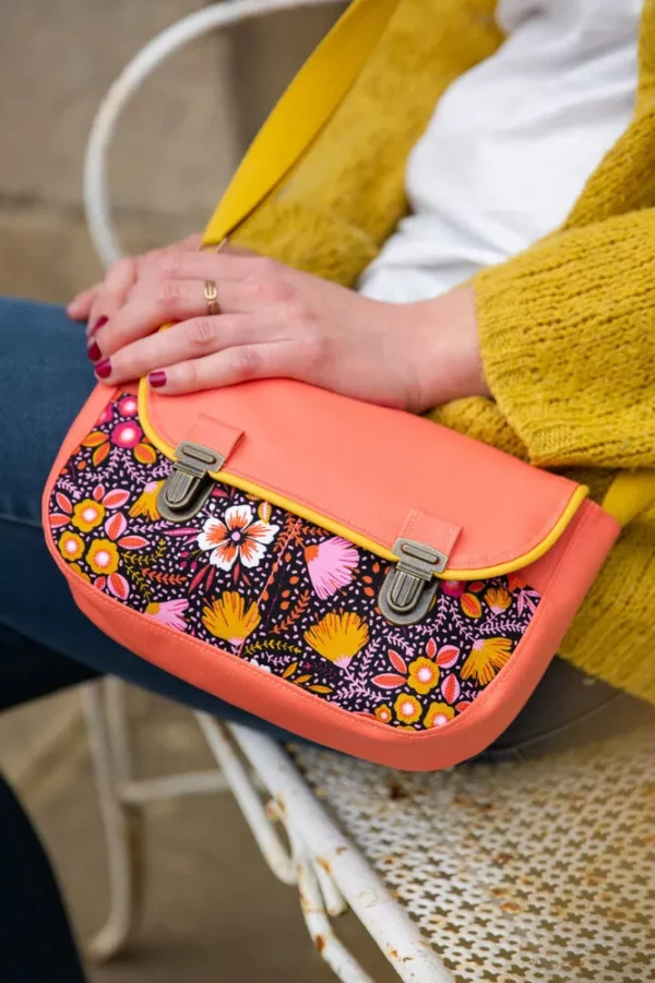 Sac à main femme fait main attache cartable rétro simili cuir corail tissu imprimé fleurs moutarde