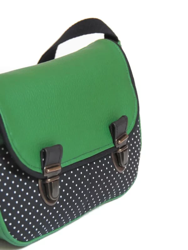 Sac l'essentiel Suzanne zoom sur les attaches cartables rétro et tissu imprimé noir pois blancs