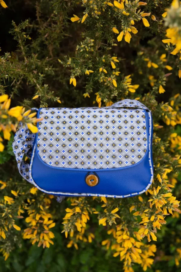 Sac à main femme réversible fait main simili cuir bleu tissu imprimé géométrique Sunny