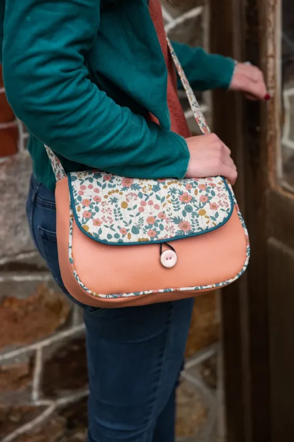 Sac à main femme réversible simili cuir rose blush tissu imprimé fleurs Peach