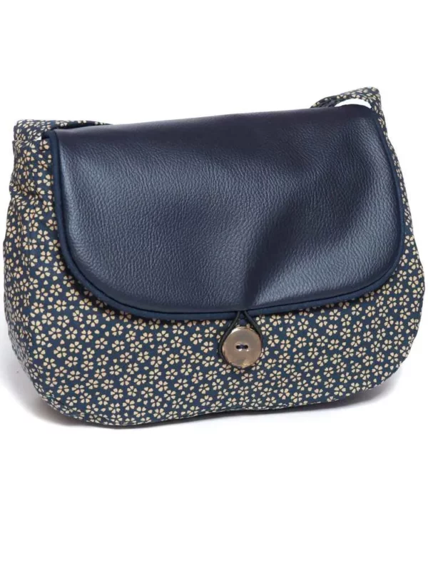 Sac à main femme réversible cousu main Bleu marine Léa côté tissu imprimé