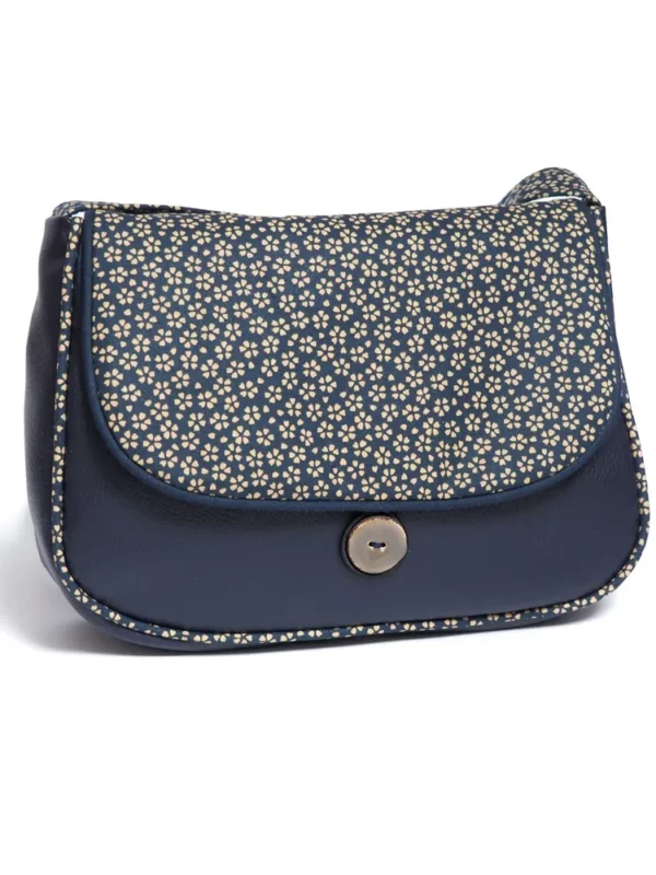 Sac à main fait main femme réversible simili cuir bleu marine et tissu imprimé japonais fleurs