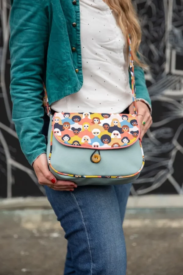Sac à maion femme réversible cousu main côté simili cuir gris bleu tissu imprimé les gens