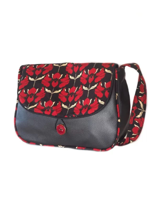 Sac bandoulière réversible femme fait main côté simili cuir noir profil