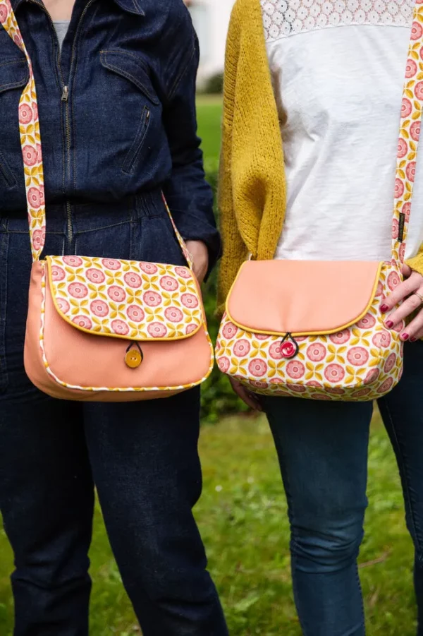 Sac femme réversible simili cuir rose blush tissu imprimé jaune moutarde Charlie