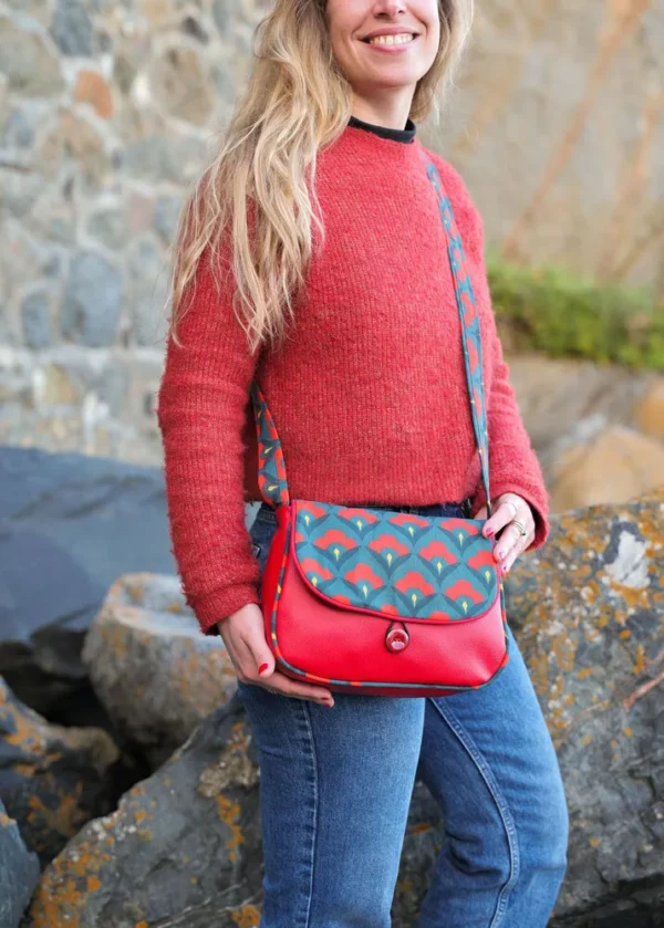 Sac réversible femme fait main Clotilde rouge rétro côté simili cuir