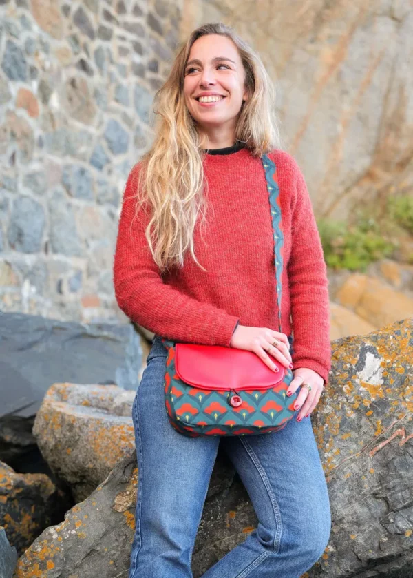Sac à main femme réversible fait main Clotilde rouge rétro côté tissu imprimé