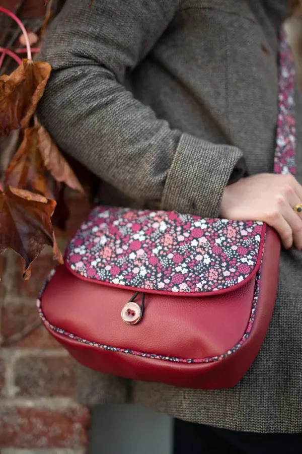 Sac à main femme réversible cousu main bordeaux fleurs