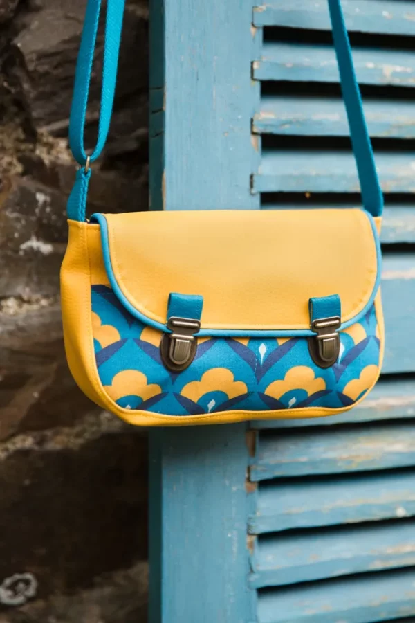 Sac à main femme petit format coloré fait main en France simili cuir jaune moutarde tissu imprimé Paola