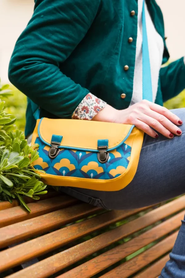 Sac à main femme cousu main en Bretagne simili cuir jaune moutarde tissu imprimé turquoise