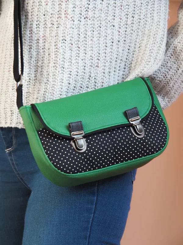 Sac à main femme fait main en France attache cartable rétro simili cuir vert tissu imprimé noir pois Suzanne