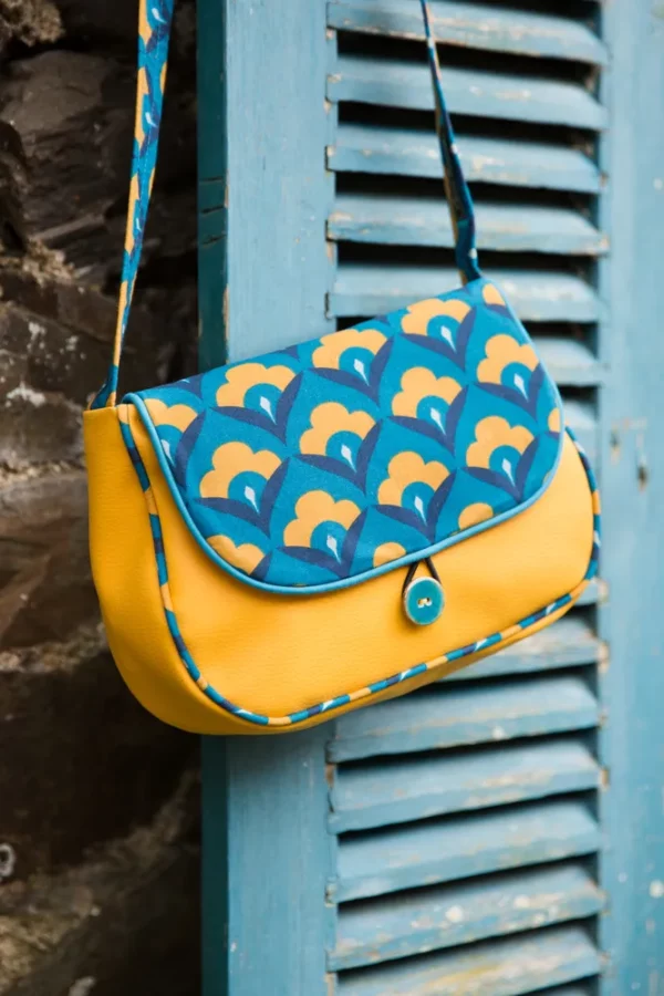 Sac à main femme cousu main en Bretagne simili cuir jaune moutarde tissu imprimé Paola