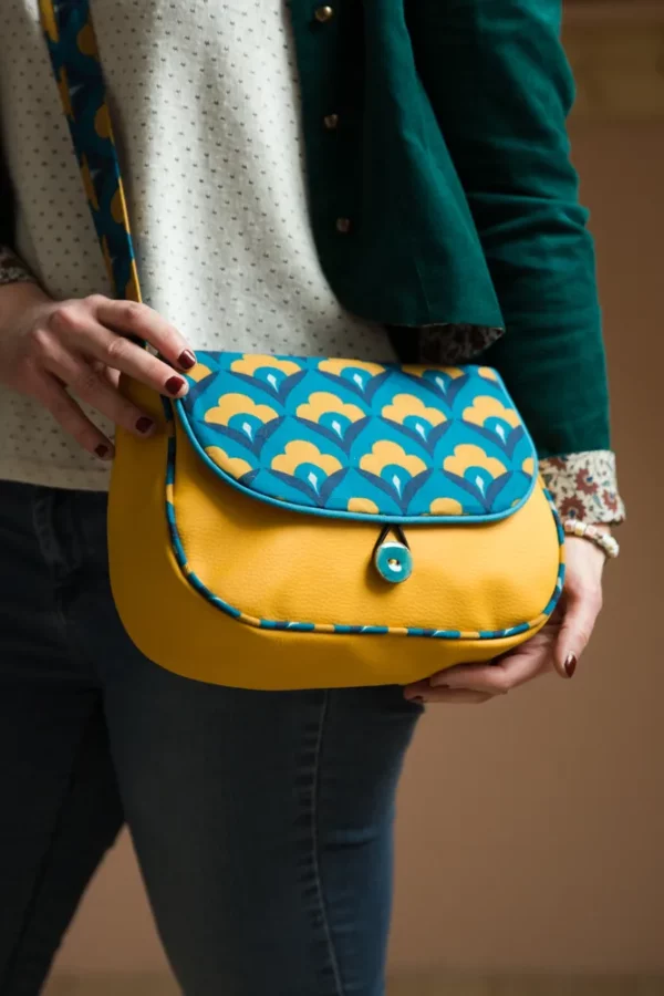 Sac à main femme fait main réversible simili cuir jaune moutarde tissu imprimé turquoise Paola