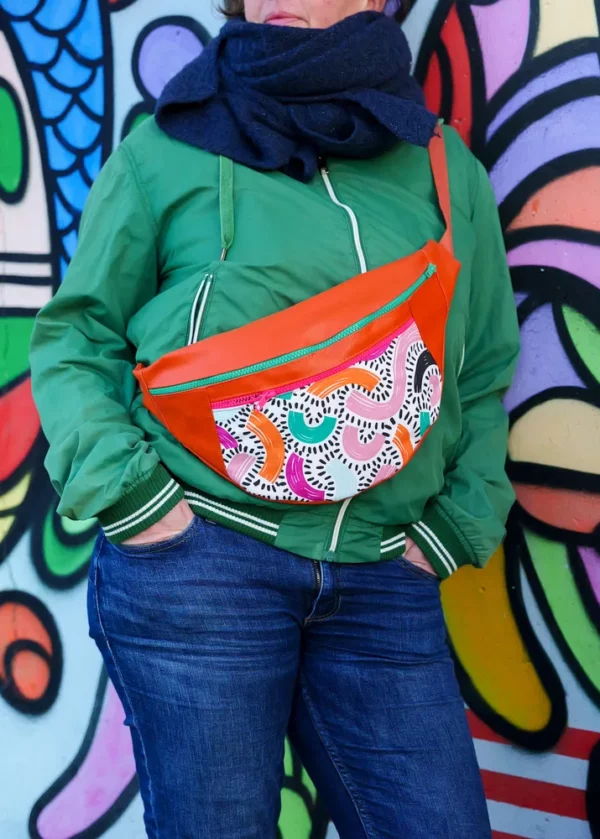 Banane XL femme colorée fait main simili cuir rouille tissu imprimé multicolore Fanny