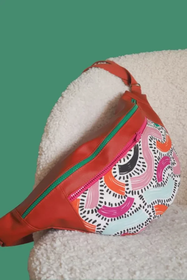 Sac banane XL cousu main simili cuir rouille tissu Fanny