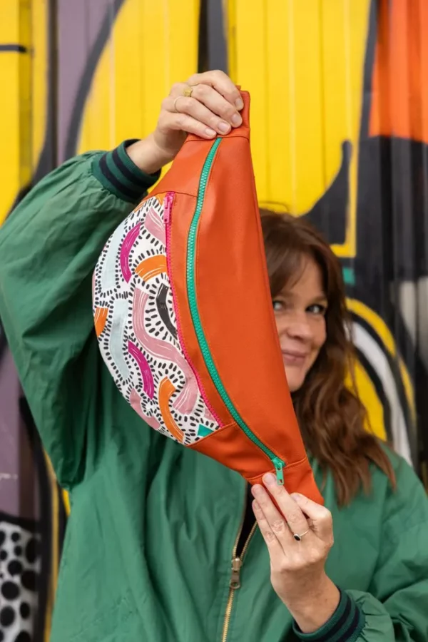 Sac banane femme XL fait main simili cuir rouille tissu imprimé multicolore Fanny