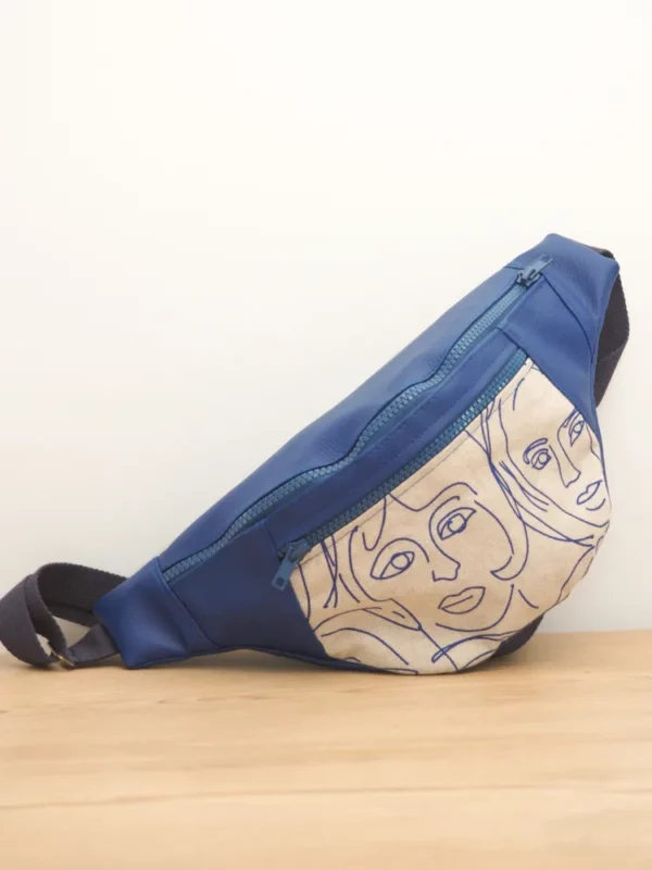 Banane fait main en France originale Picassa simili cuir bleu tissu imprimé visages double fermeture zip