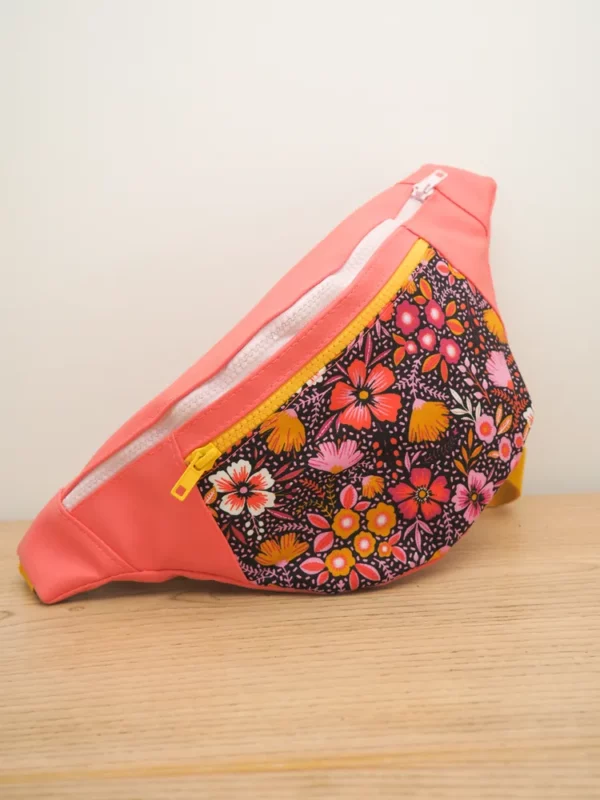 Sac banane femme fait main en France simili cuir corail tissu imprimé fleurs Frida