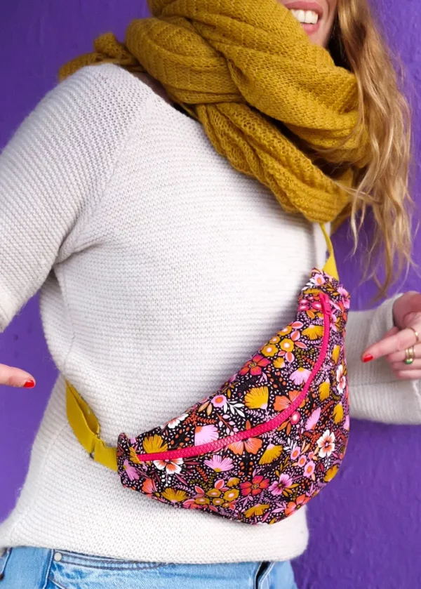 Sac banane Frida imprimée rose moutarde fleurs