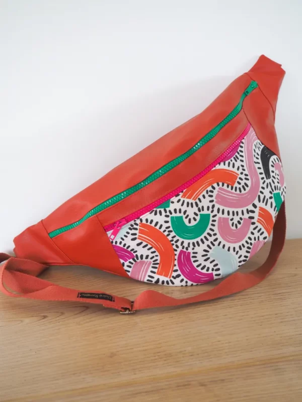 Banane XL fait main femme bandoulière réglable simili cuir rouille tissu imprimé Fanny