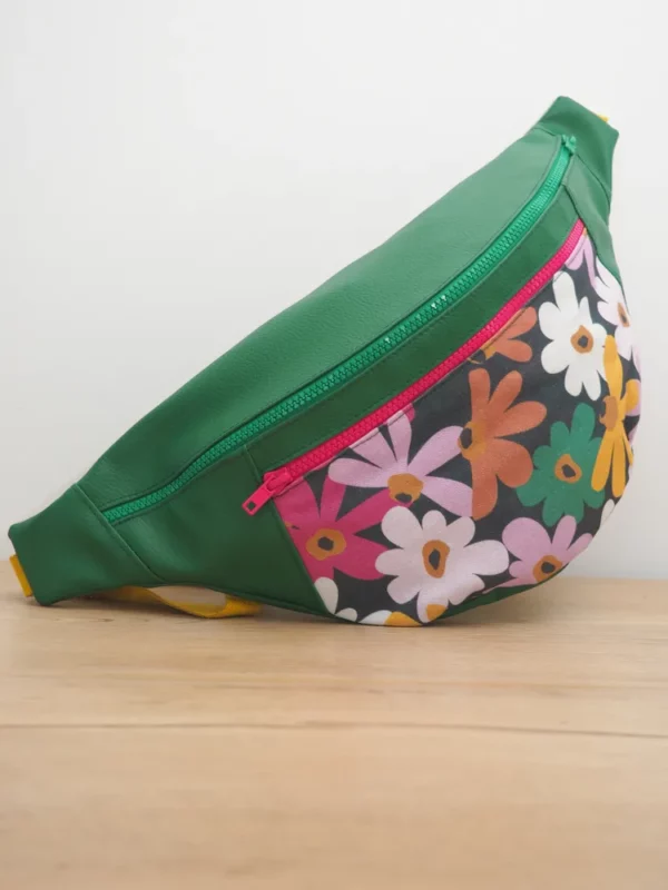 Banane XL femme simili cuir vert tissu imprimé fleurs colorées artisanale