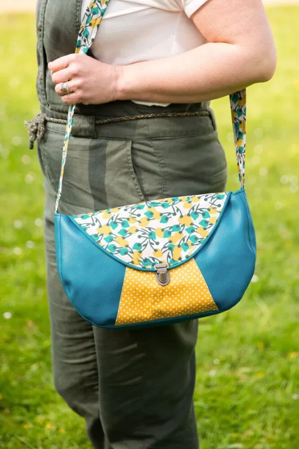 Sac besace bandoulière femme turquoise et jaune fait main en Bretagne