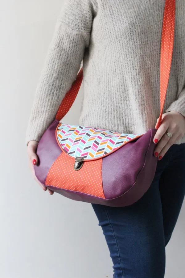 Sac à main femme besace simili cuir violet tissu imprimé violet pois