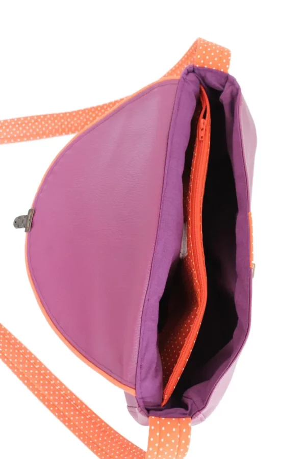 Sac besace violet orange pois intérieur poche zippée compartiments