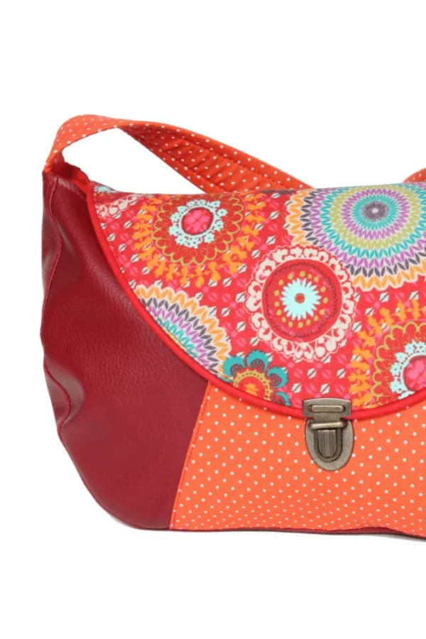 Sac besace rouge multicolore attache cartable rétro