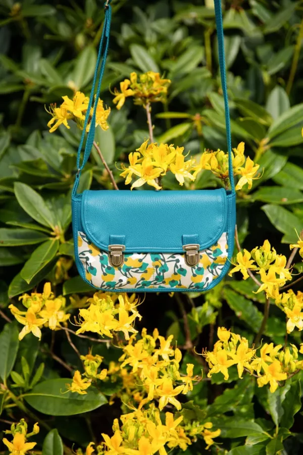 Sac à main femme attache cartable rétro simili cuir turquoise et tissu imprimé moutarde